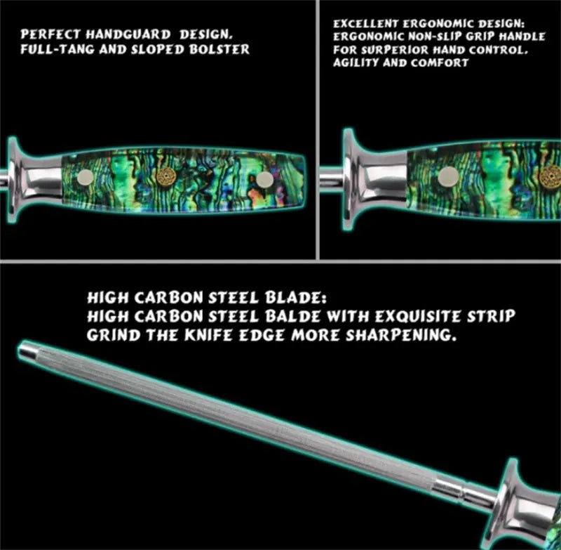Household manual knife sharpener with abalone shell handle and high carbon steel blade.
