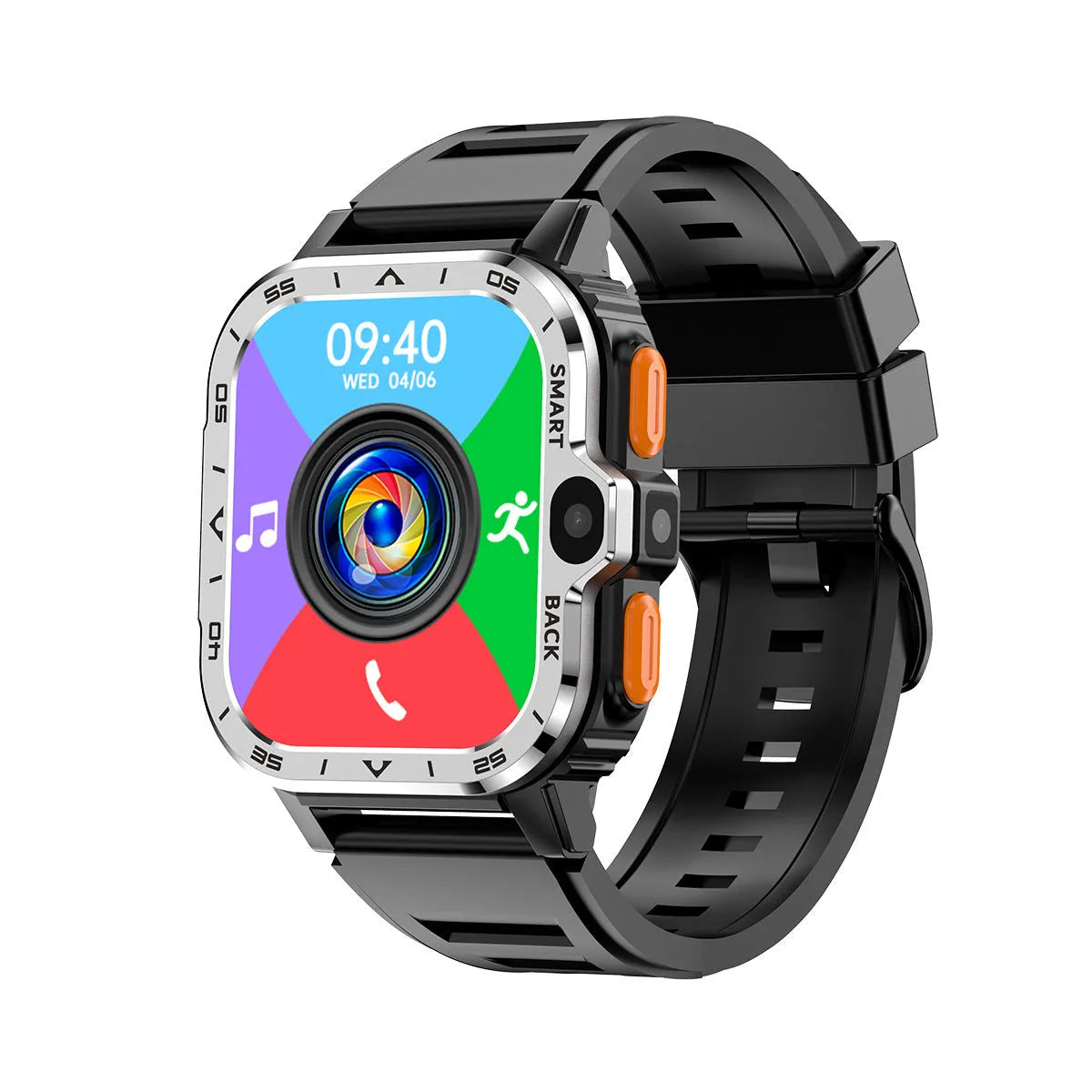 Black or silver Android smart watch with touch screen, shown as a sports bracelet on a wrist.
