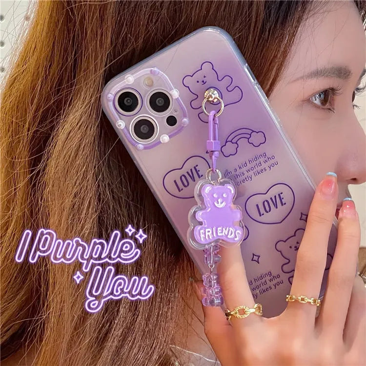 Purple clear gummy bear lanyard TPU phone case for iPhone 12 Pro and 13