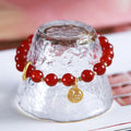 Natural red agate bracelet with woven beads in national style, showing 8MM and 10MM size options with blessing card.