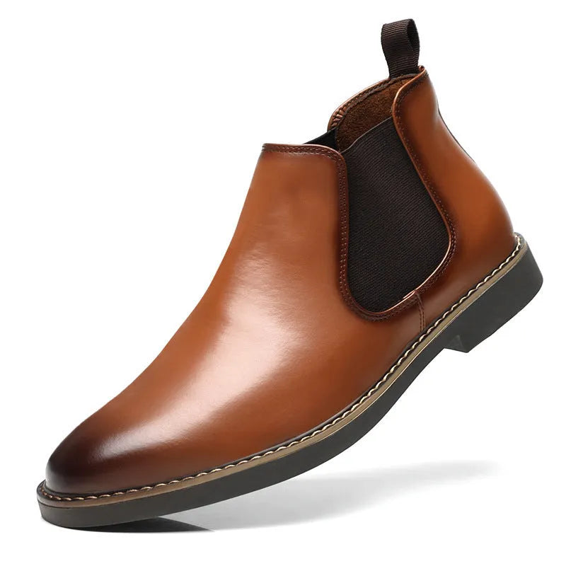 Men's black British-style mid-calf oversleeve boots with a flat square heel on a white background.