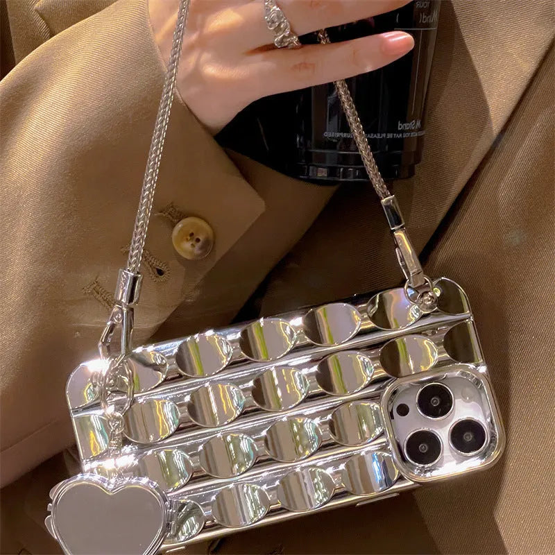 Electroplating silver heart-shaped mirror chain phone case for iPhone with silicone fall protection