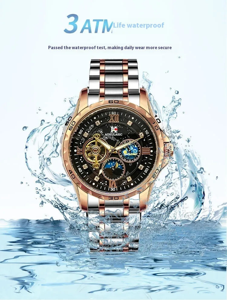 Automatic mechanical men's wristwatch with rose gold case and black dial on a strap.