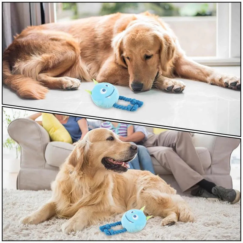 Blue and yellow dog squeaky toy with knot design made from cotton rope and PP cotton filling
