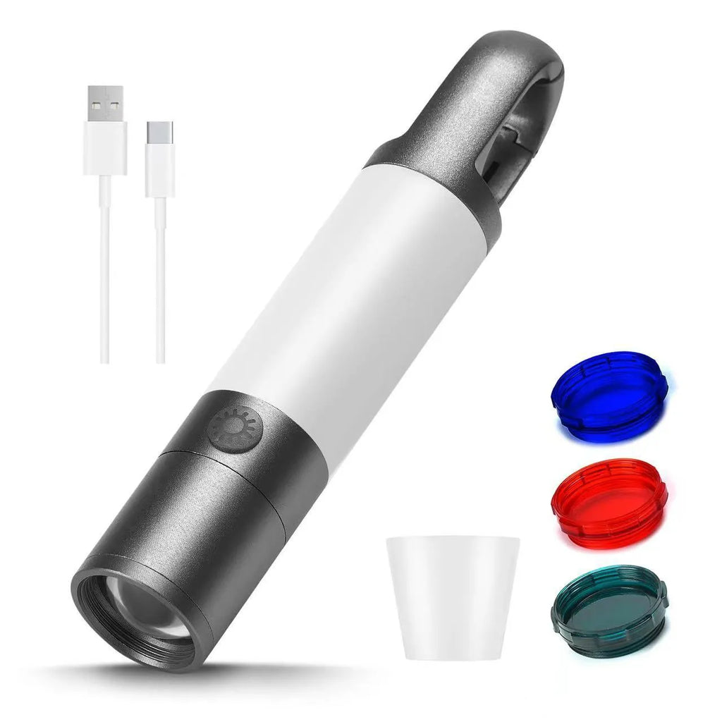 Silver outdoor charging multifunctional LED work light with white laser lamp beads and tricolour lampshade