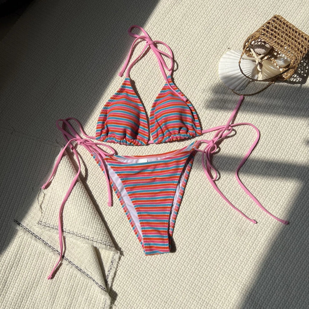 Women's striped split swimsuit bikini two-piece polyester briefs style in pink orange green black