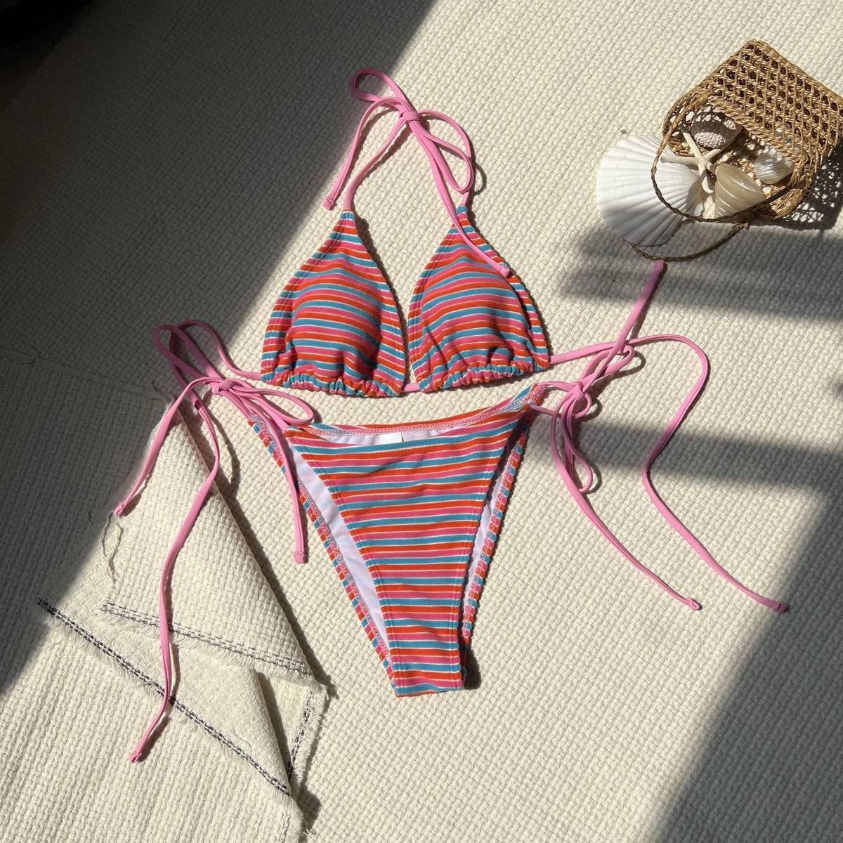 Women's striped split swimsuit bikini two-piece polyester briefs style in pink orange green black