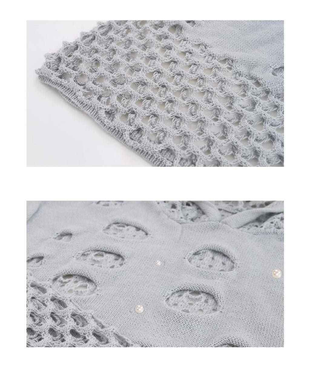 Black men's loose hoodie with pearl decorations on the hood, showing a hollow knit texture.