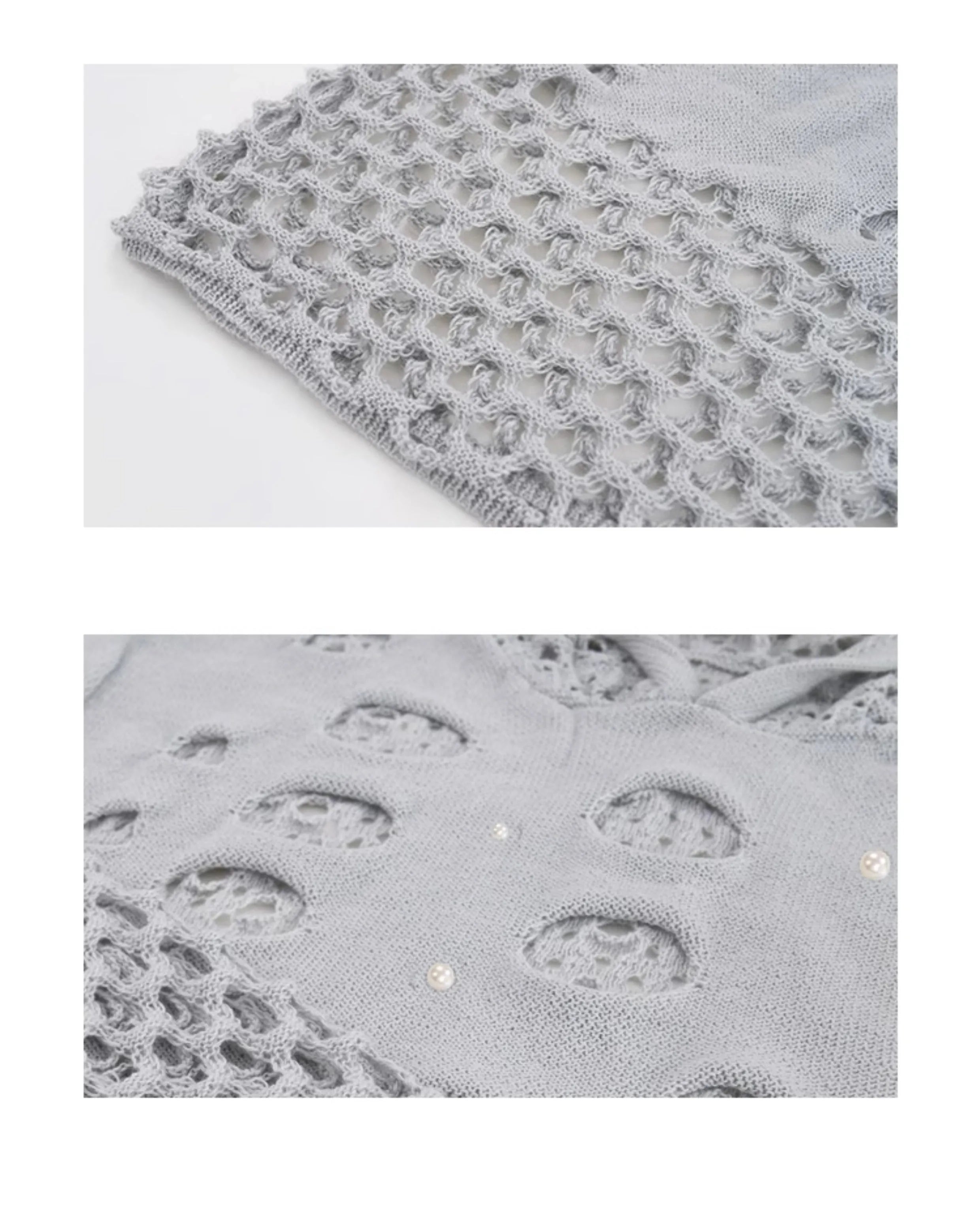 Black men's loose hoodie with pearl decorations on the hood, showing a hollow knit texture.