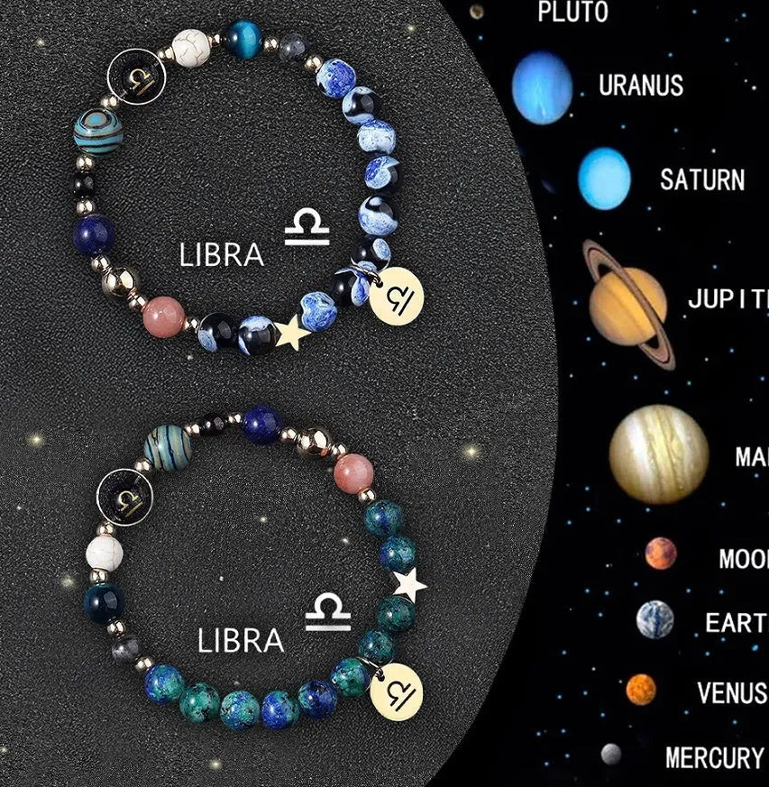 Two natural stone beaded bracelets with sterling silver zodiac charms on a wooden surface.