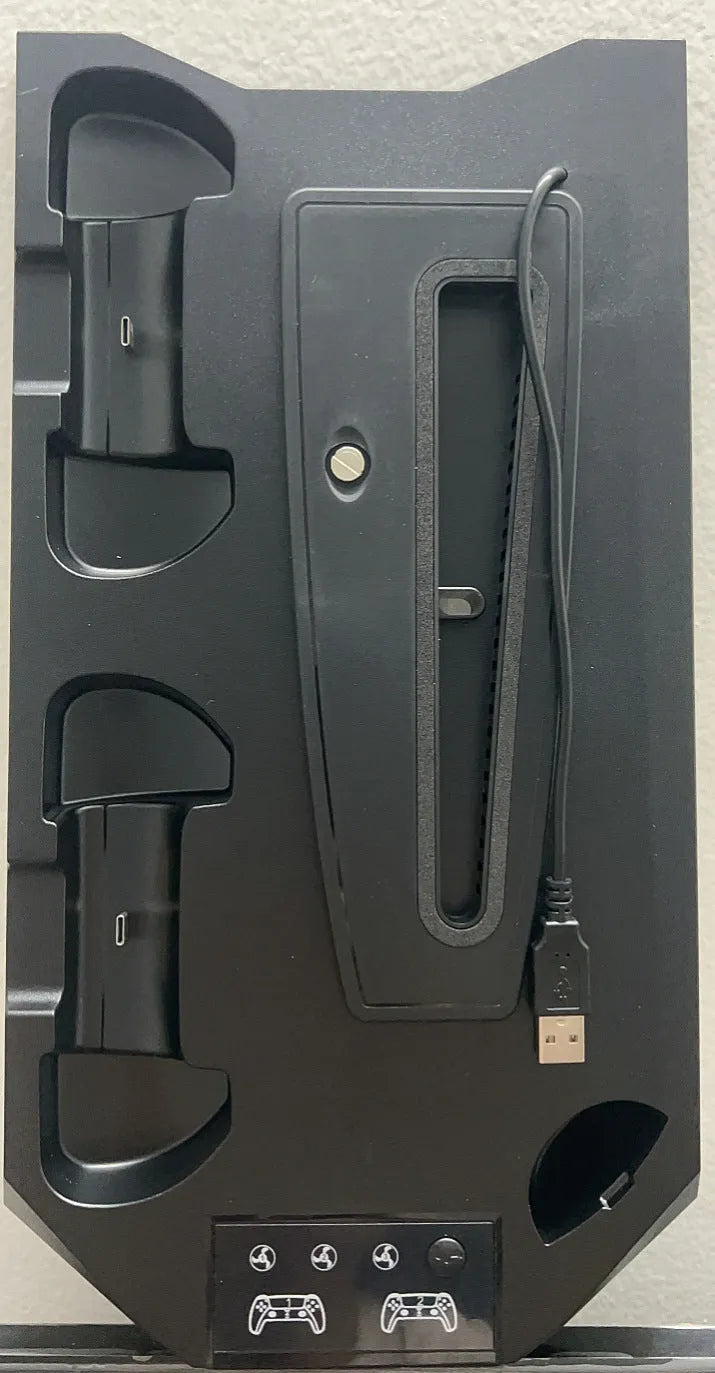 PS5 charging base radiator in black showing controller charging ports and console cooling fins
