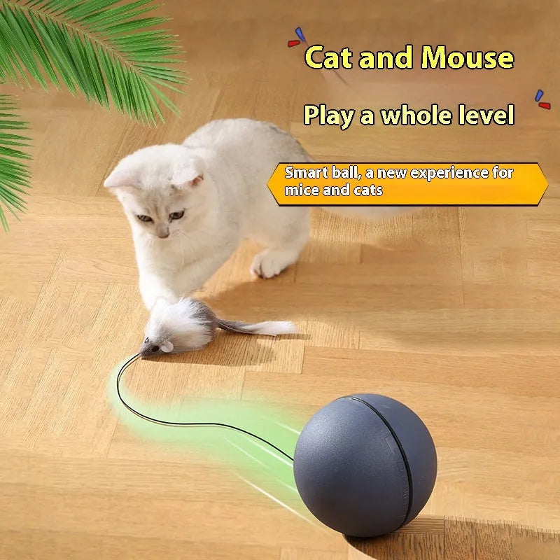 Automatic cat teasing ball with plush mouse rolling on floor