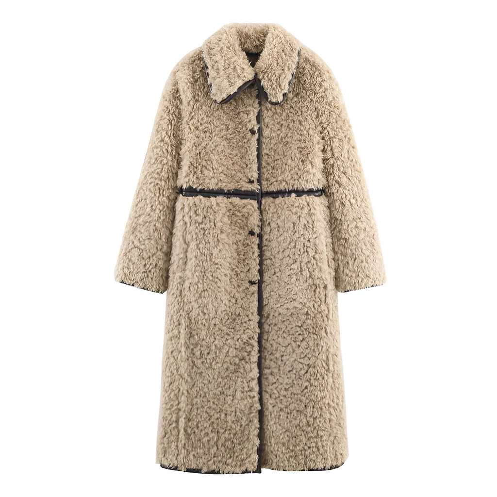 Women's fleece long overcoat in khaki with spandex blend, front view, sizes XS to L