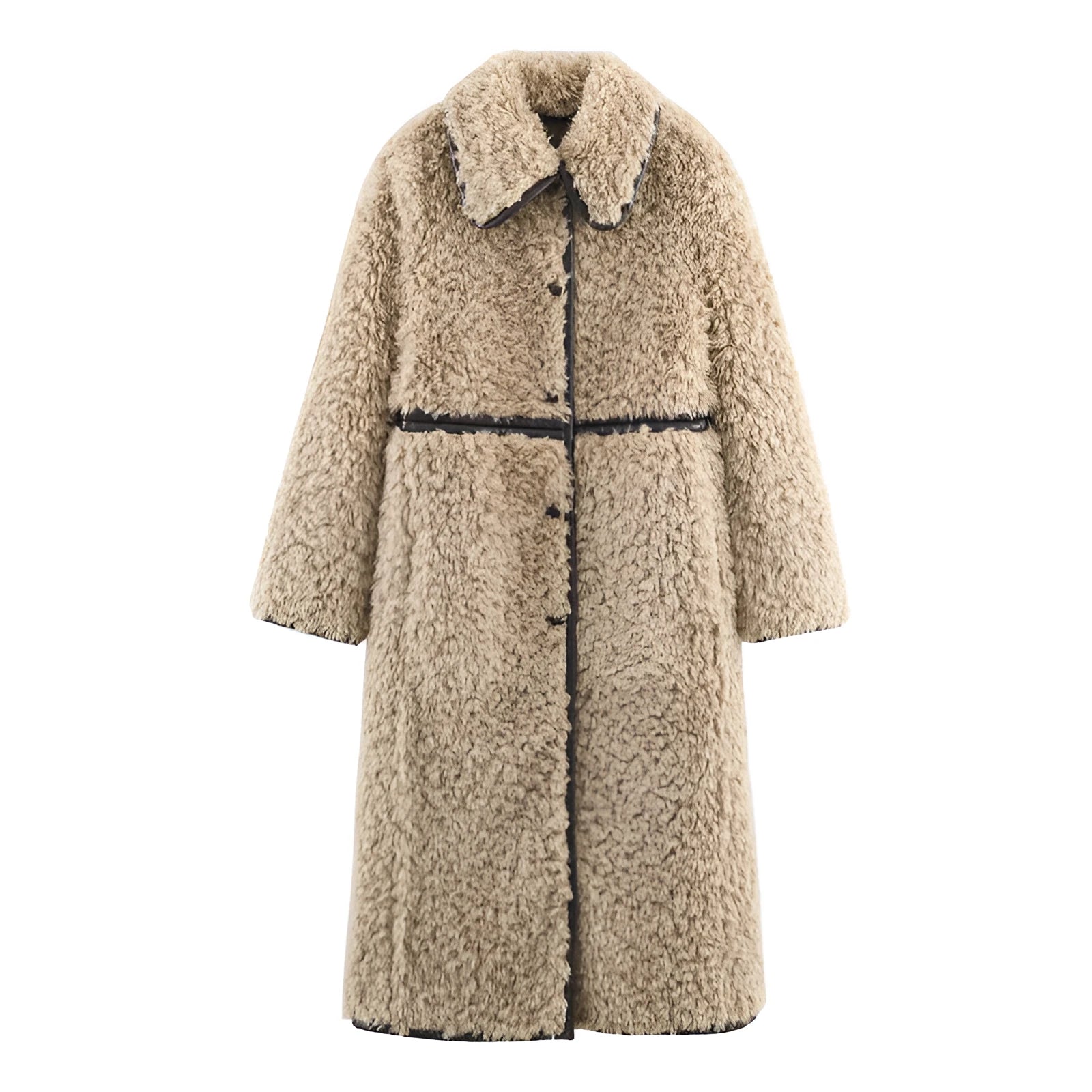 Women's fleece long overcoat in khaki with spandex blend, front view, sizes XS to L