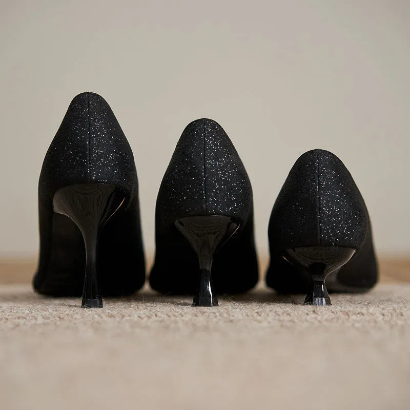 Black French style women's high heels with sequined upper and 7cm stiletto heel