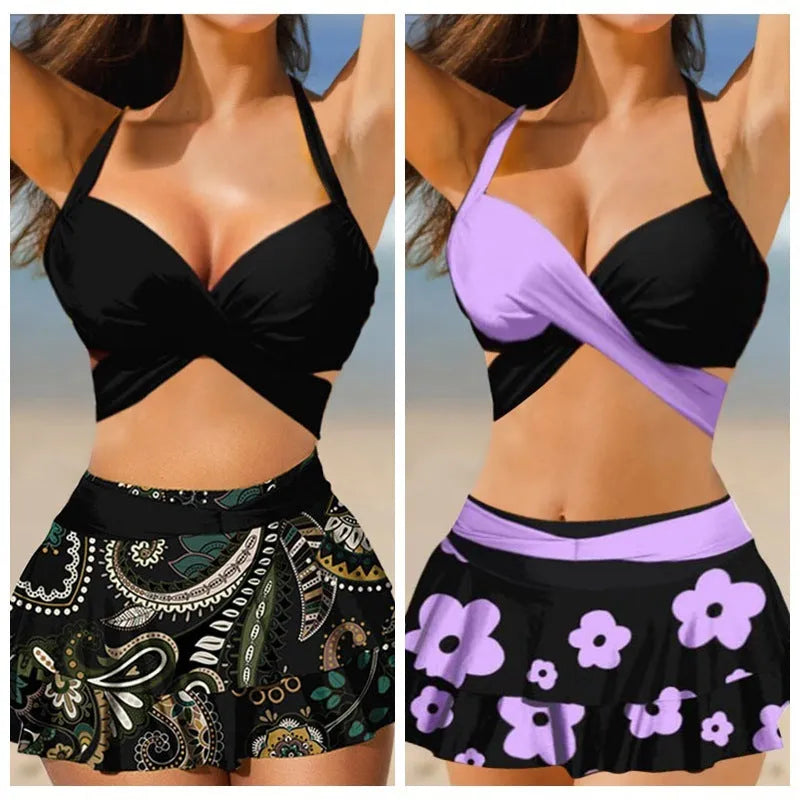 Purple women's bikini set with lace-up detail and matching high-waisted skirt.