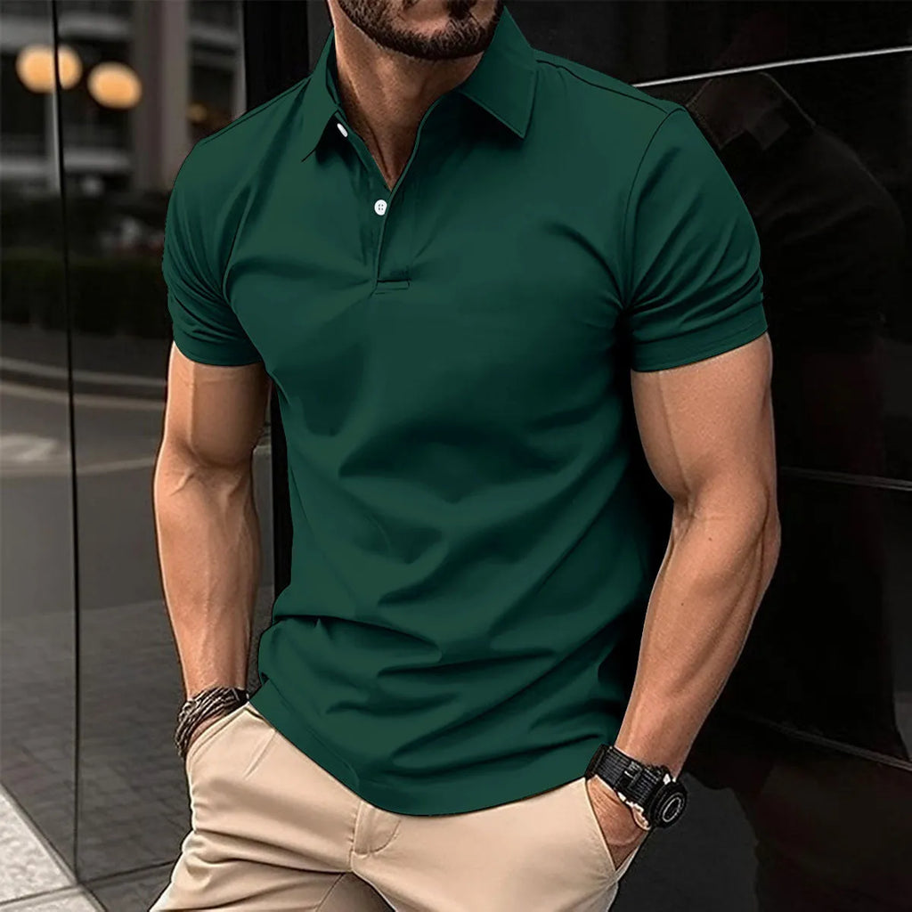 Men's solid colour short sleeve polo shirt with a button lapel collar on a hanger.