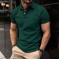 Men's solid colour short sleeve polo shirt with a button lapel collar on a hanger.