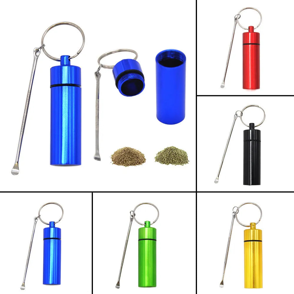 Aluminium portable pill box with spoon and keychain in five colour options