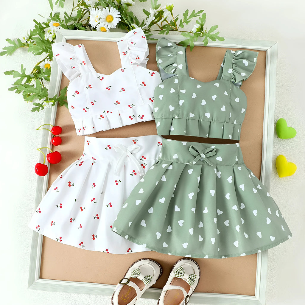 Girls' cotton two-piece skirt set with long-sleeve flounced top, bow, and pleated skirt in green or white