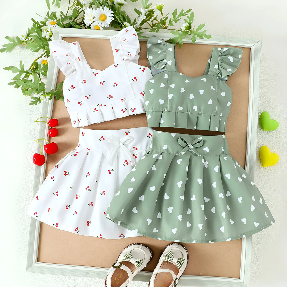 Girls' cotton two-piece skirt set with long-sleeve flounced top, bow, and pleated skirt in green or white