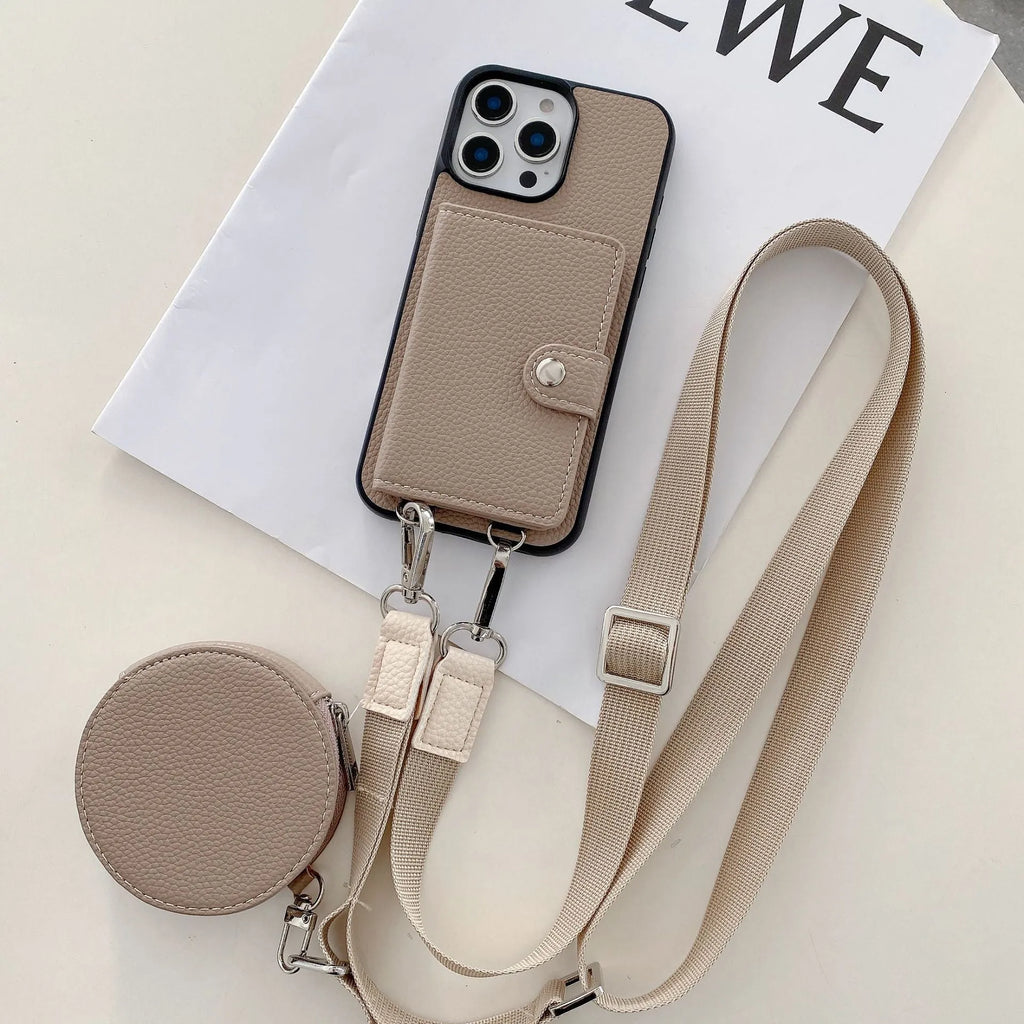 Black card holder lanyard phone case for iPhone showing integrated card slots on back and adjustable neck strap.