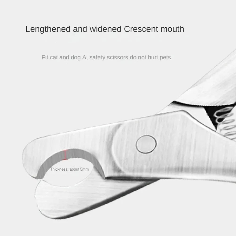 Silver stainless steel professional pet nail clipper for dogs and cats on a plain background.