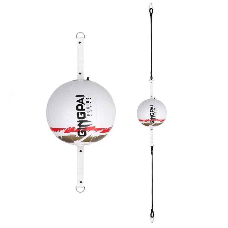 A black PU hanging boxing speed ball suspended for reaction and dodge training practice.