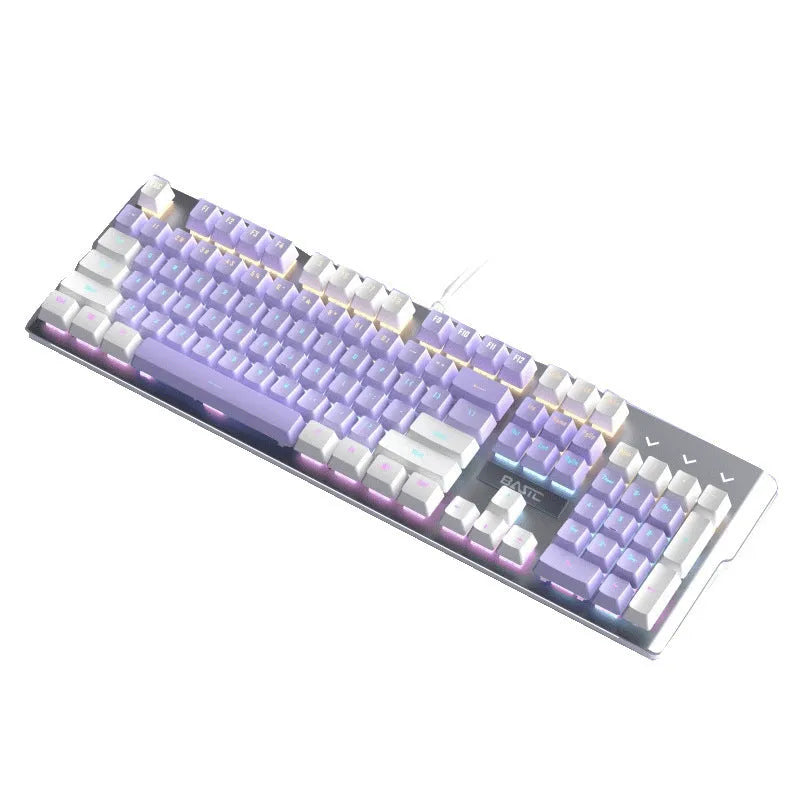 White and purple backlit wired mechanical keyboard and mouse gaming bundle on a desk.
