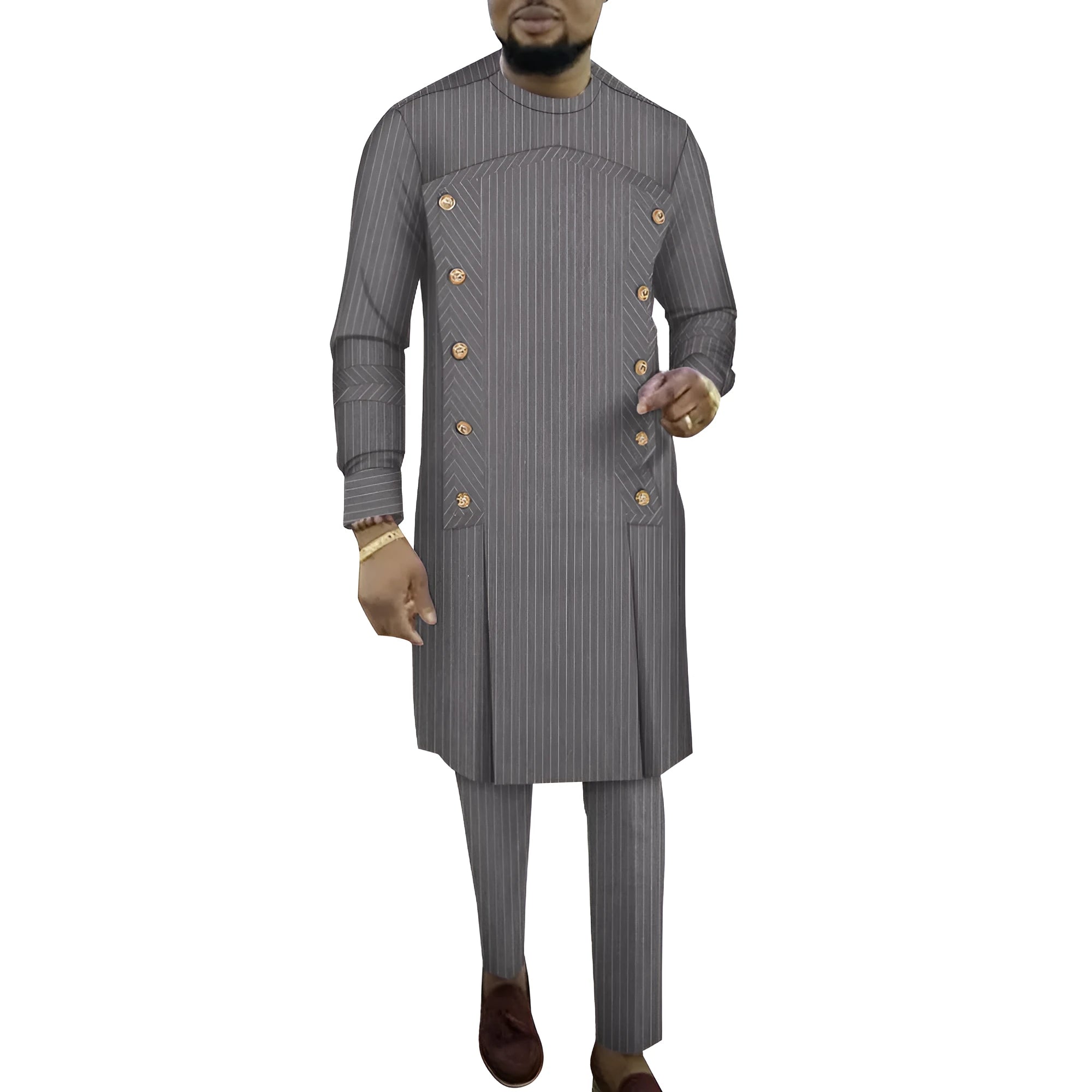 African men's striped cotton robe two-piece set showing long-sleeved top and trousers