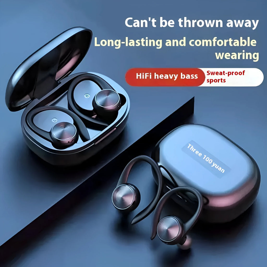 R200TWS sports Bluetooth headset ear-mounted plastic build with digital display in black colour