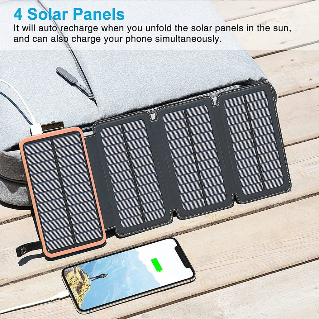 Black solar power bank with a solar panel, USB ports, an LED light, and a soft leather exterior.