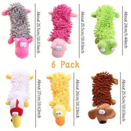 Plush microfiber molar-shaped dog chew toy in assorted animal designs including dog, duck, pig, and frog.