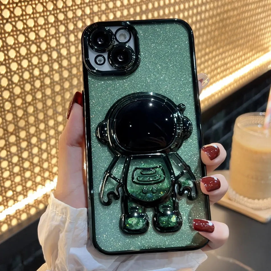 Astronaut spaceman themed iPhone case with quicksand design and glitter electroplated finish in multiple colour options