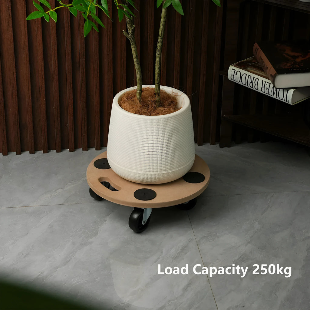 Two natural wood colour mover trolleys with non-slip platforms for tool transport