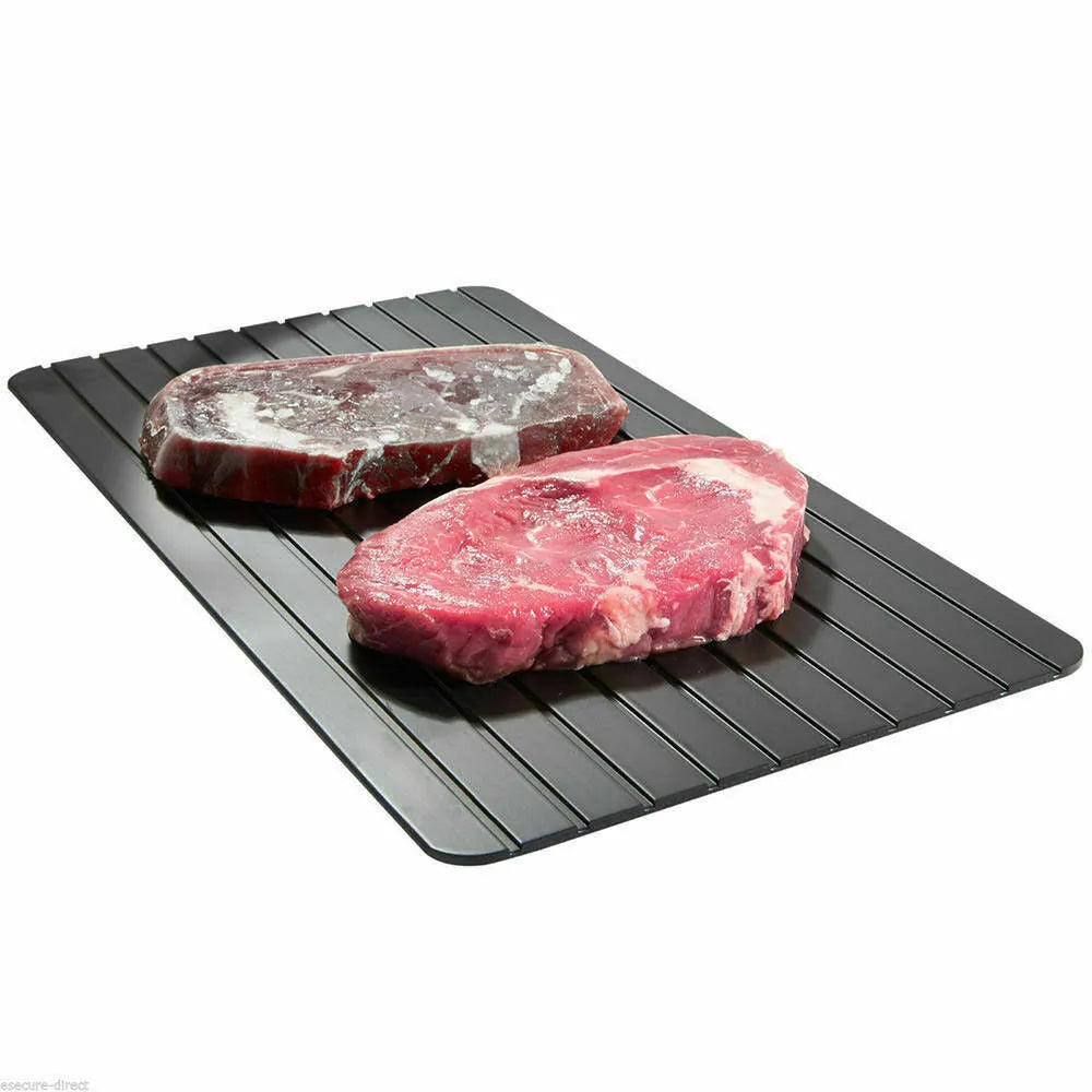 Black rectangular aluminium fast defrost tray for thawing frozen meat and fish