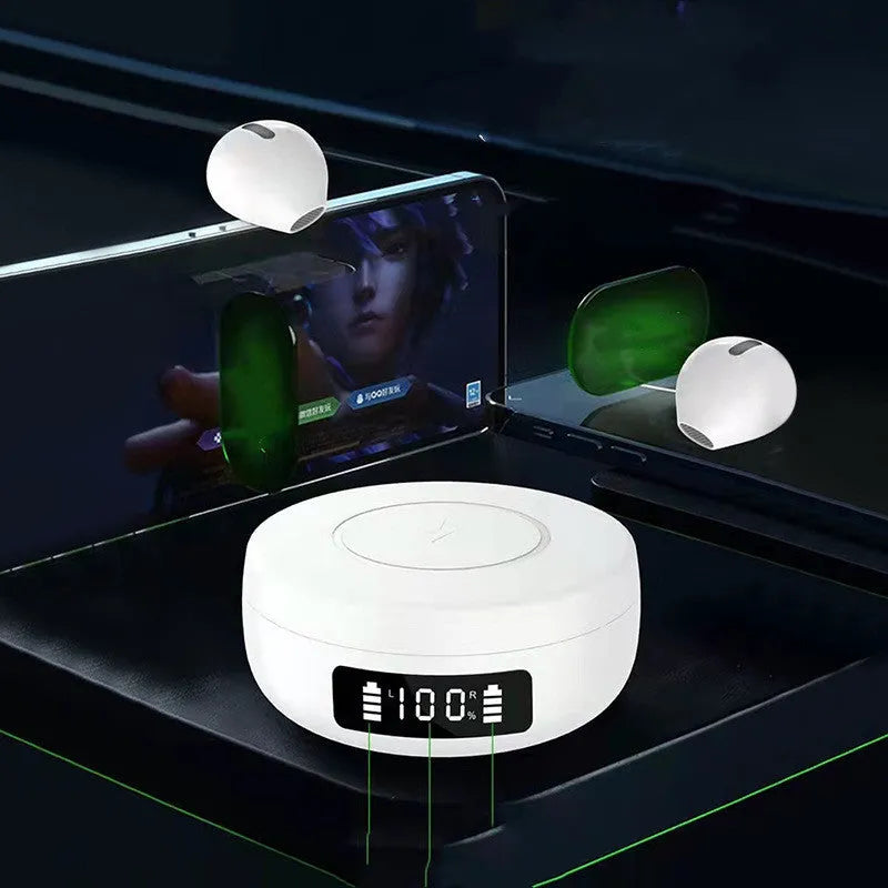 Mini semi-in-ear wireless headphones in black, colour, or white with charging compartment