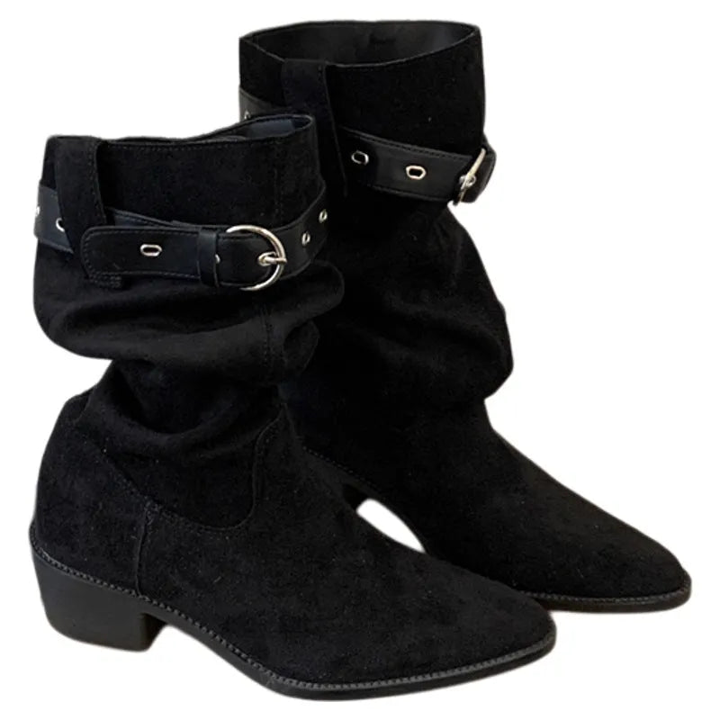 Western cowboy mid-calf boots with chunky heel and pointed toe in black, khaki, and brown