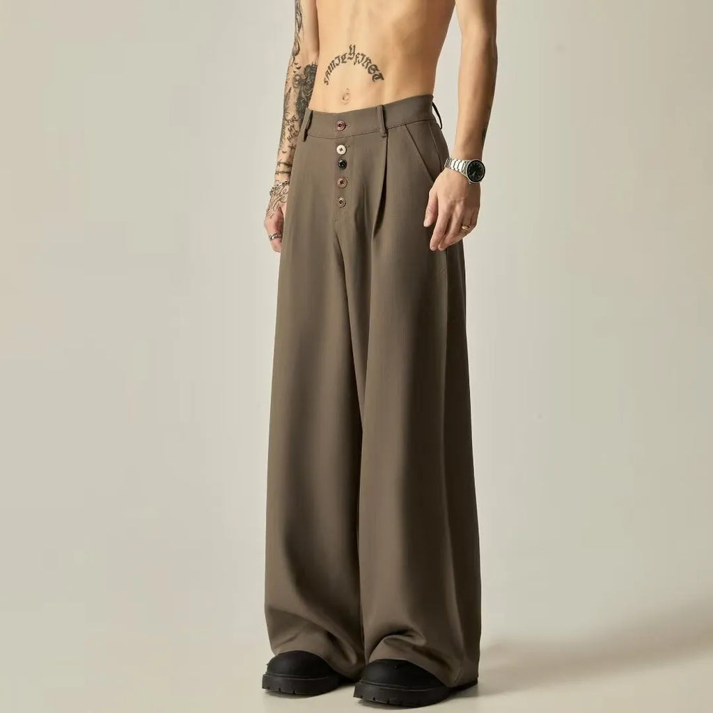 Men's black wide-leg straight-leg casual trousers made from a cotton-polyester blend fabric.