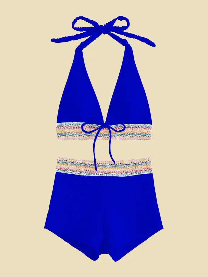 Women's high-waisted bikini suit in striped and solid colours