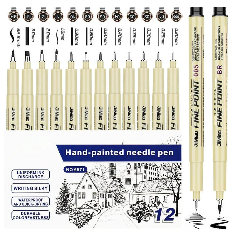 Waterproof needle pen drawing tool with plastic body and black ink for detailed artwork
