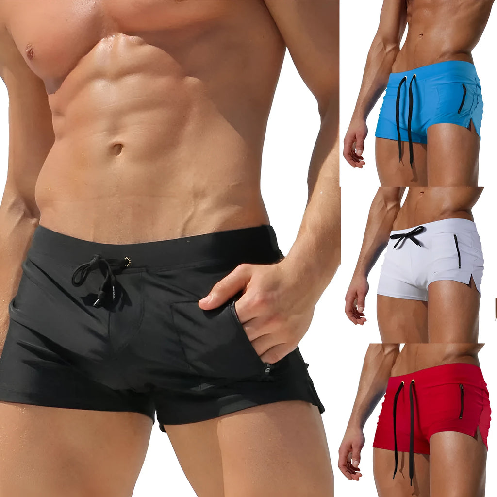 Men's black polyester swimming trunks with lace-up front and high-waist design
