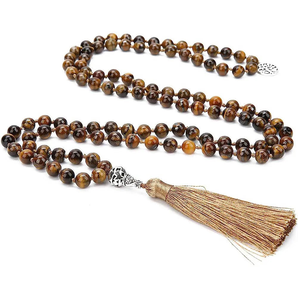 Handmade long necklace with 108 knotted 8mm natural stone beads in geometric shapes.
