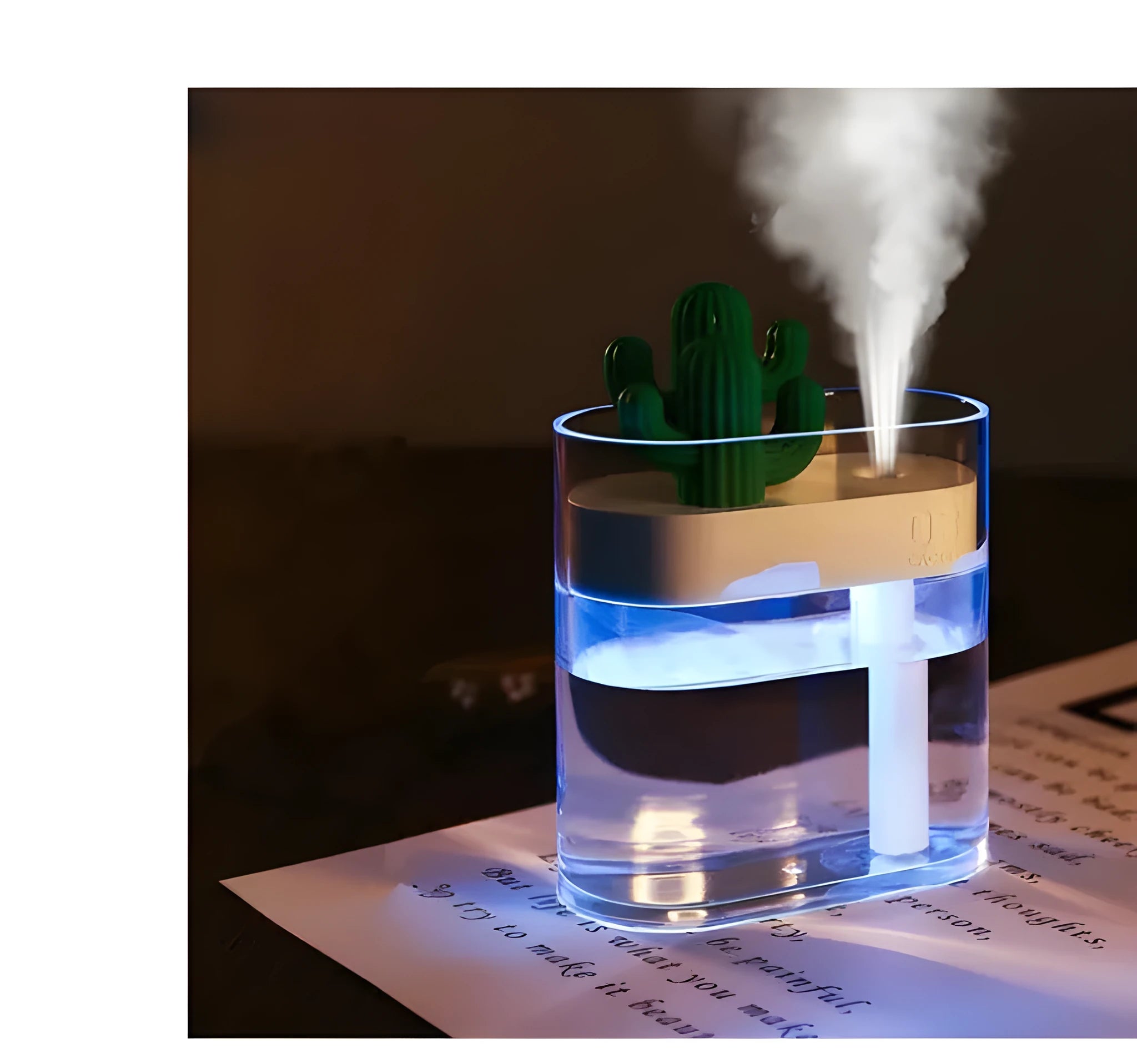 Transparent green cactus portable USB humidifier on a desktop with cable, 120x45x93mm