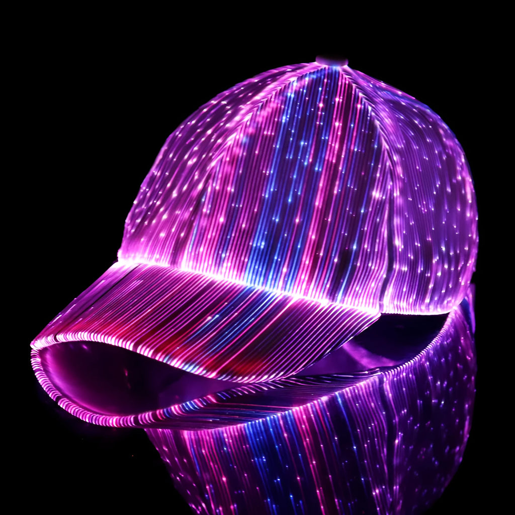 Luminous baseball cap with optical fiber fabric, dome crown, black colour, side view showing light glow