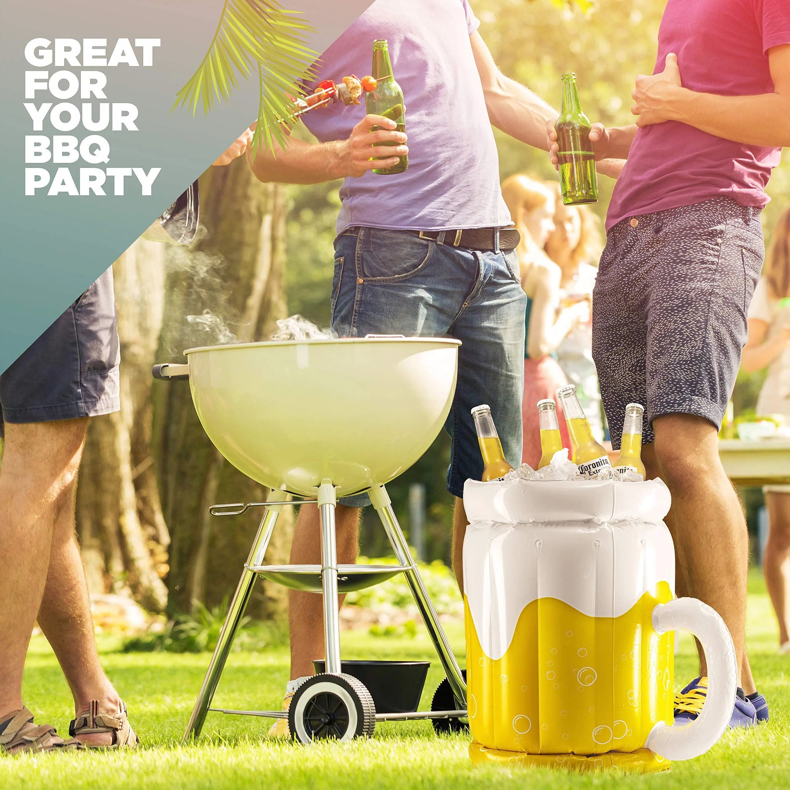 Large yellow inflatable beer mug cooler floating in pool with drinks