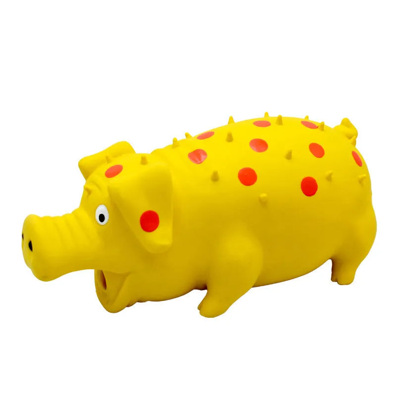 Blue latex squeaky pig dog chew toy with textured surface for teeth cleaning, shown next to tape measure showing 20cm length