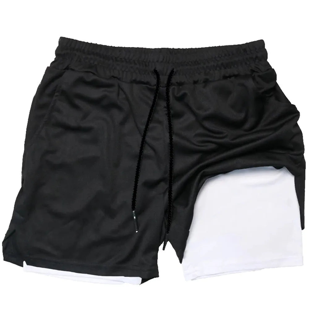 Men's camouflage pattern quick-dry sports shorts in a double-layer fabric.