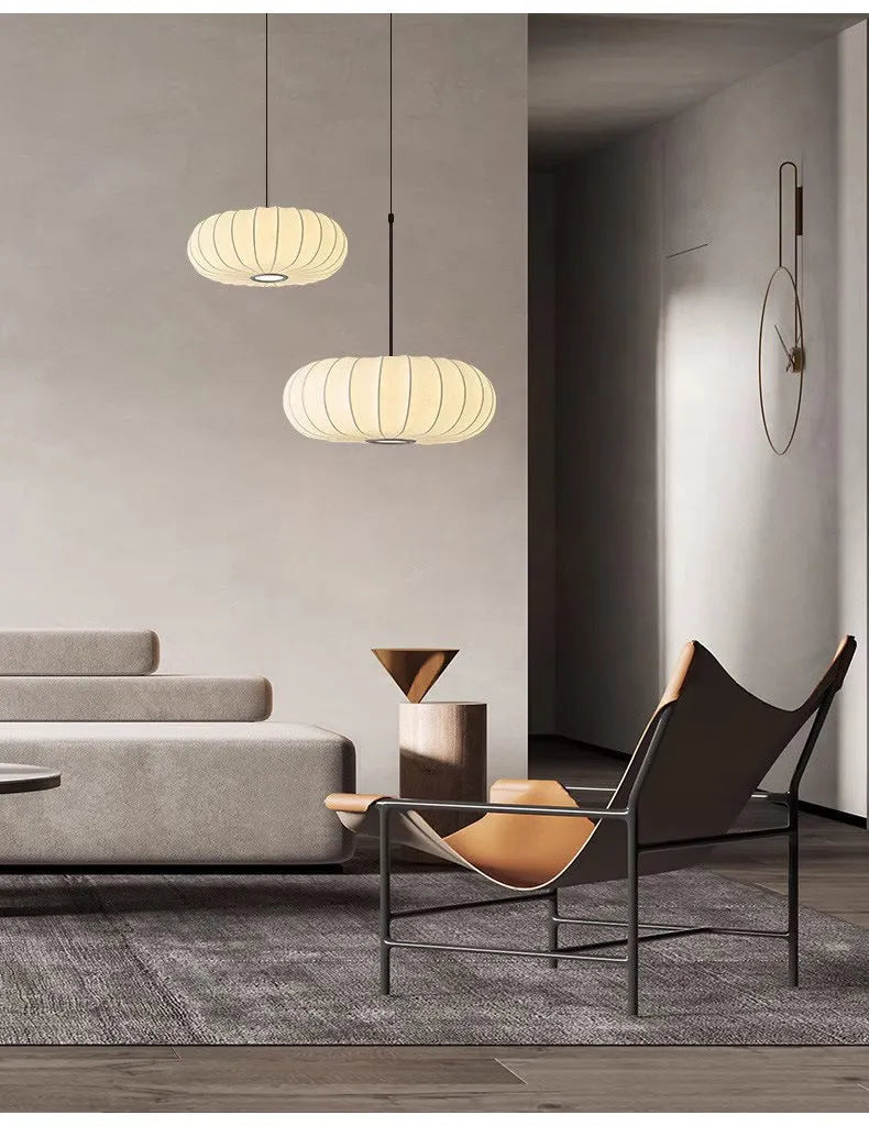 Silk pumpkin chandelier with warm light or tri-colour dimming, available in 30cm, 40cm, and 50cm diameters