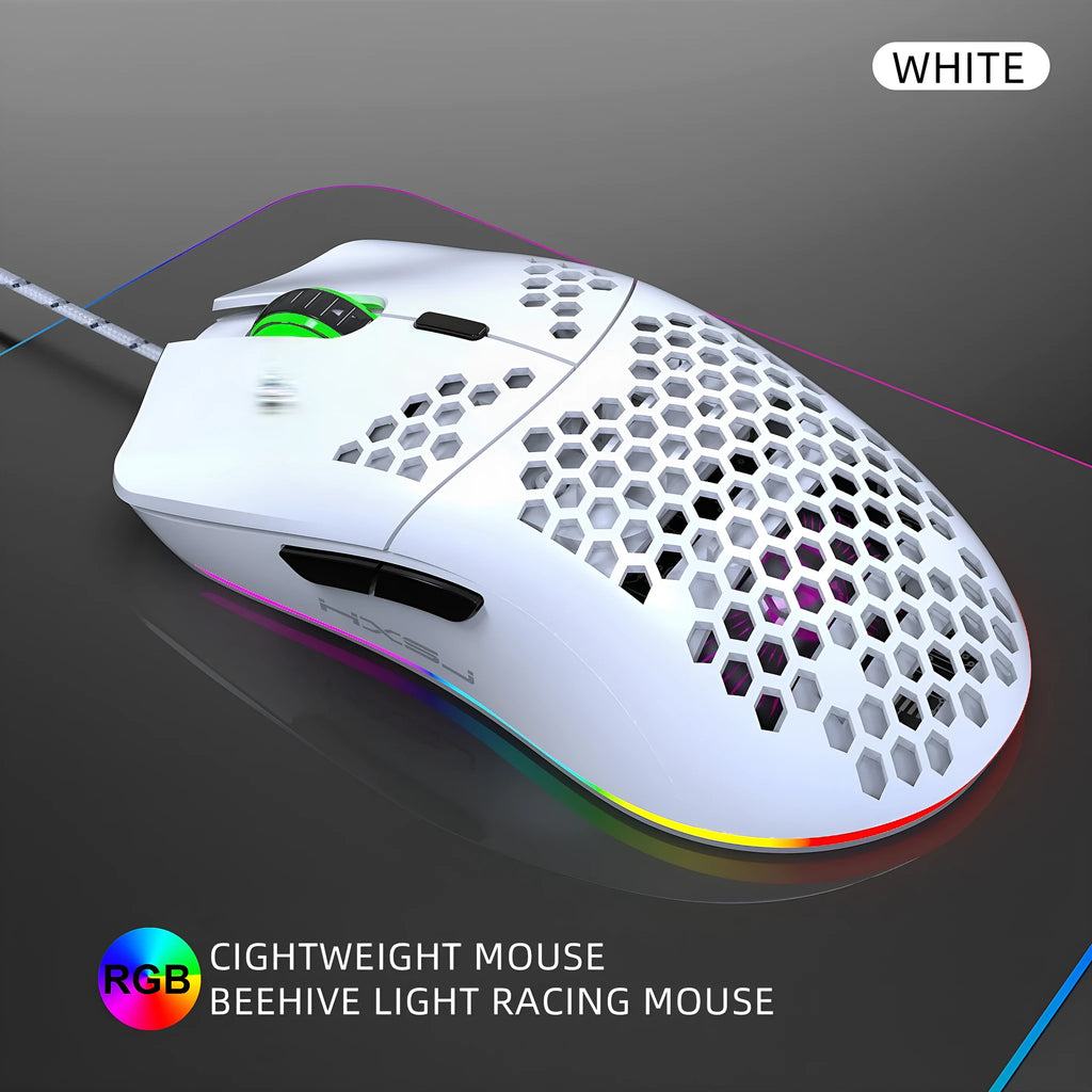 Lightweight honeycomb shell wired gaming mouse J900 RGB with 6 buttons, 150cm cable, black colour